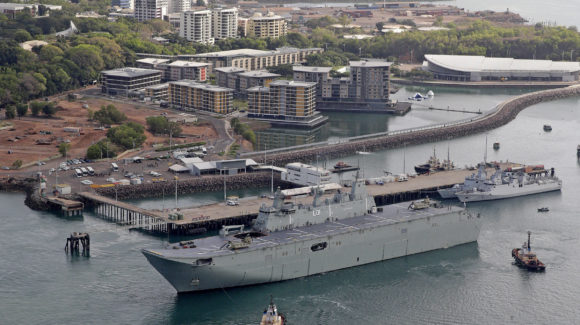 HMAS Adelaide departs Stokes Hill wharf after hosting the Exercise KAKADU official launch on board in Darwin, NT.