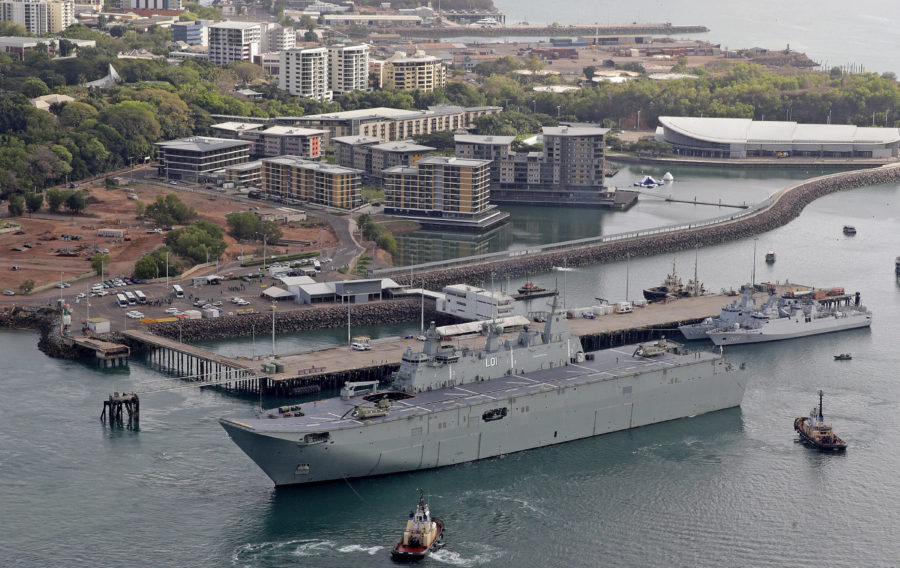 HMAS Adelaide departs Stokes Hill wharf after hosting the Exercise KAKADU official launch on board in Darwin, NT.