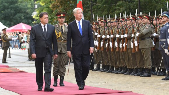 Michael Fallon alongside his counterpart Bulgarian Defence Minister Nikolay Nenchev on his visit to Bulgaria. Picture: British Embassy Sofia.