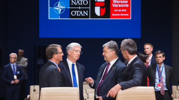 Defense Minister of Great Britain Michael Fallon, NATO Secretary General Jens Stoltenberg and President Ukraine Petro Poroshenko at NATO summit in Poland Copyright: Drop of Light