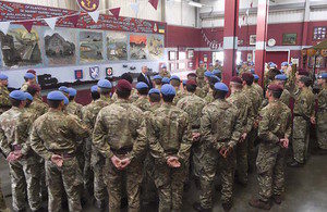 Image shows Defence Secretary visiting the specialist field hospital and meeting troops prior to the South Sudan deployment  AIRBORNE MEDICS PREPARE FOR SOUTH SUDAN MISSION  The Defence Secretary has met the British Army’s high-readiness paratroopers who are preparing to serve on a UN peacekeeping mission in South Sudan. During a visit to Merville Barracks at Colchester Garrison Michael Fallon met members of 16 Air Assault Brigade who will join UK personnel already in central African. Part of 16 Medical Regiment, the troops will travel to South Sudan with a squash-court sized specialist field hospital that can be used for emergency surgery but which can be dropped by parachute. In September the Defence Secretary announced that up to one hundred extra UK personnel would join the peacekeeping mission, adding to 300 announced under the previous Government. When all of the troops have arrived the deployment will more than double the UK’s global peacekeeping efforts.  NOTE TO DESKS:  MoD release authorised handout images.  All images remain crown copyright.  Photo credit to read - Cpl Georgina Coupe  richardwatt@mediaops.army.mod.uk shanewilkinson@mediaops.army.mod.uk   Richard Watt - 07836 515306 Shane Wilkinson - 07901 590723