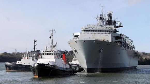 Following two years of major refit work HMS Albion has re-entered open water, moving to her new tidal berth on the river.