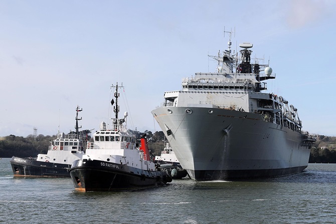 Following two years of major refit work HMS Albion has re-entered open water, moving to her new tidal berth on the river.