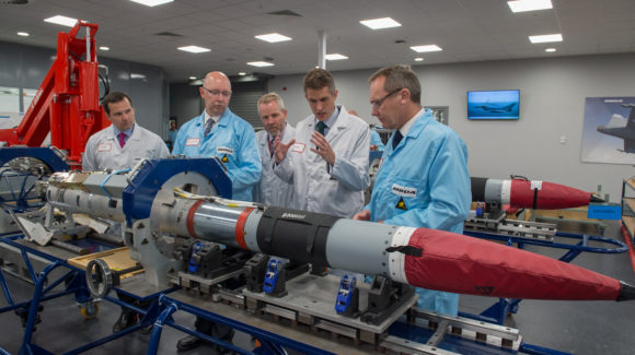 Image of the Secretary of State for Defence, The Rt Hon Gavin Williamson CBE MP (centre), being shown a Meteor missile by MBDA staff at their Bolton-based factory.