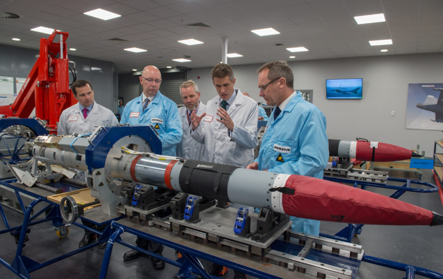 Image of the Secretary of State for Defence, The Rt Hon Gavin Williamson CBE MP (centre), being shown a Meteor missile by MBDA staff at their Bolton-based factory.