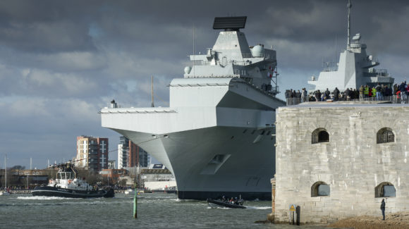 HMS QUEEN ELIZABETH LEAVES PORTSMOUTH FOR HELICOPTER TRIALS