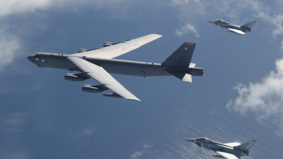 RAF TYPHOON FIGHTERS EXERCISE WITH USAF B52 BOMBERS