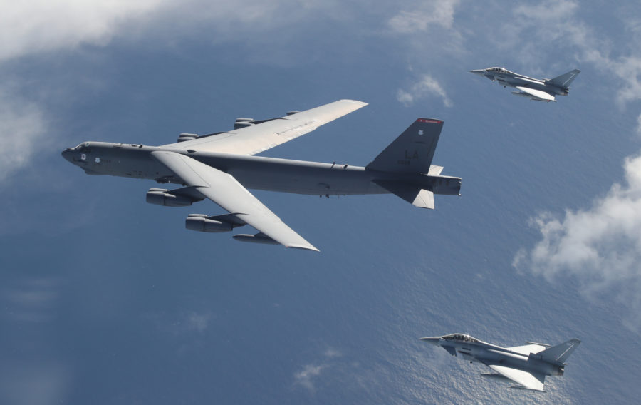 RAF TYPHOON FIGHTERS EXERCISE WITH USAF B52 BOMBERS