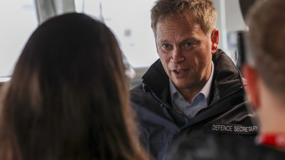 Pictured: The Secretary of State for Defence, The Right Honourable Grant Shapps MP speaking with press on the investment for Navy equipment investment