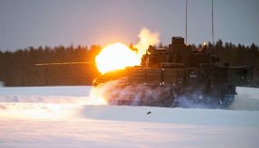 The Ajax firing and moving in extreme weather conditions in Sweden. MOD Crown Copyright 2024.