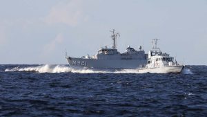Image: HMS Pursuer acting as enemy forces during BALTOPS 2024 against Belgian Minehunter Lobelia