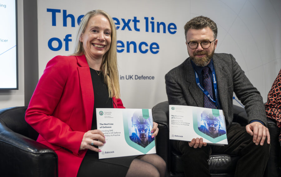Image Caption Donna Sinnick,  Chief Delivery Officer, Babcock and Professor Harry Pitts, Deputy Director of the Centre for the Public Understanding of Defence and Security, University of Exeter launch SME report